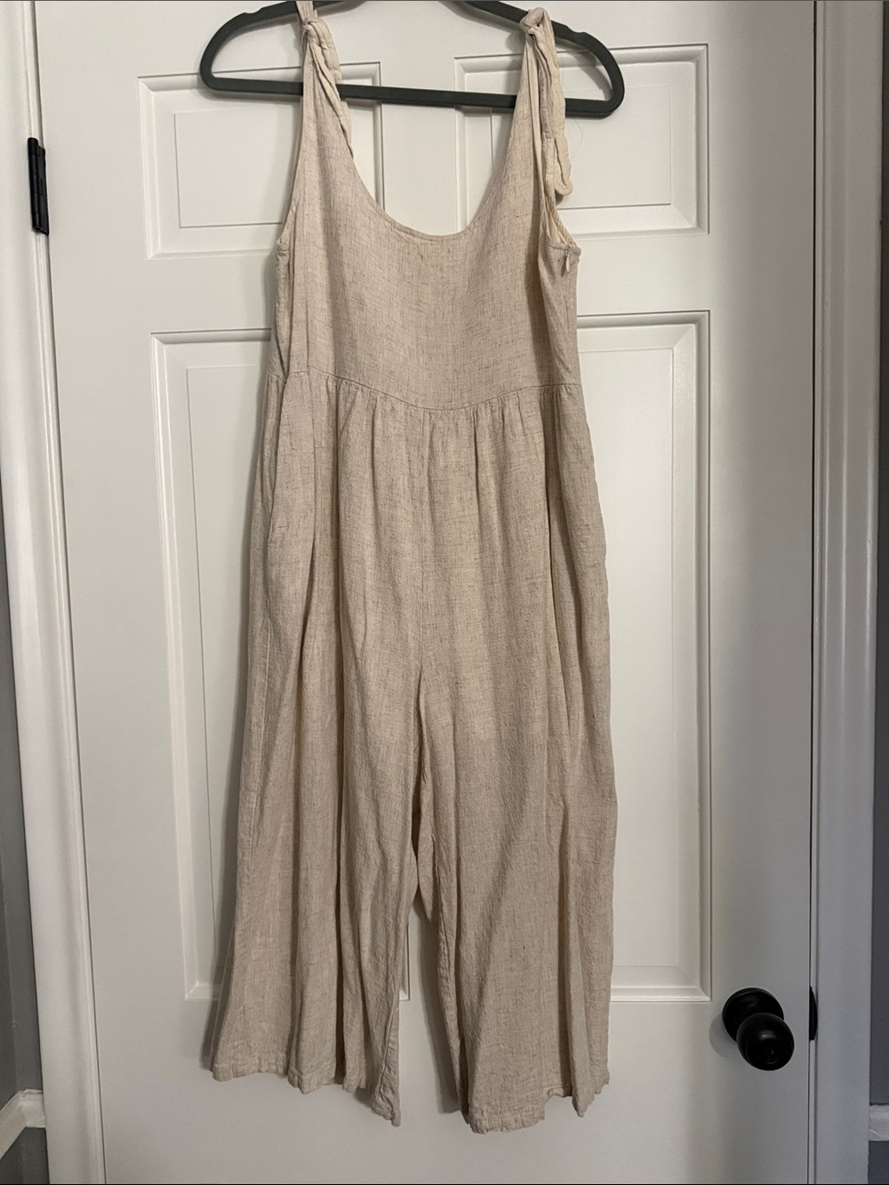 Pink Lily Natural Beige Tie-Shoulder Linen Jumpsuit